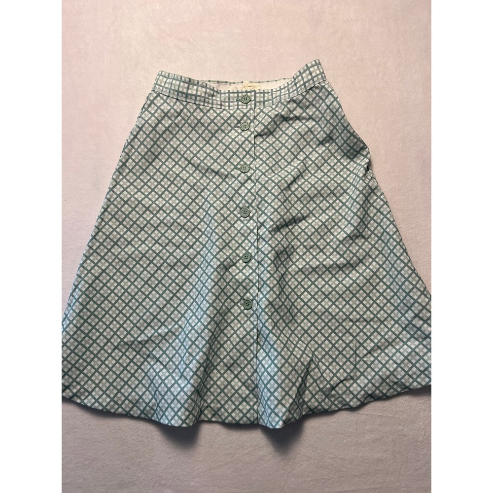VTG JCPenney Waist A-Line Skirt Cottagecore Green Gingham Button Front Fairy 70s